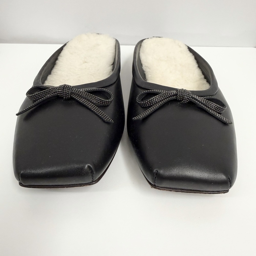 Brunello Cucinelli Leather & Sheepskin Mules Shoes Black Monili Bows 38 1/2 8.5B - Picture 6 of 11